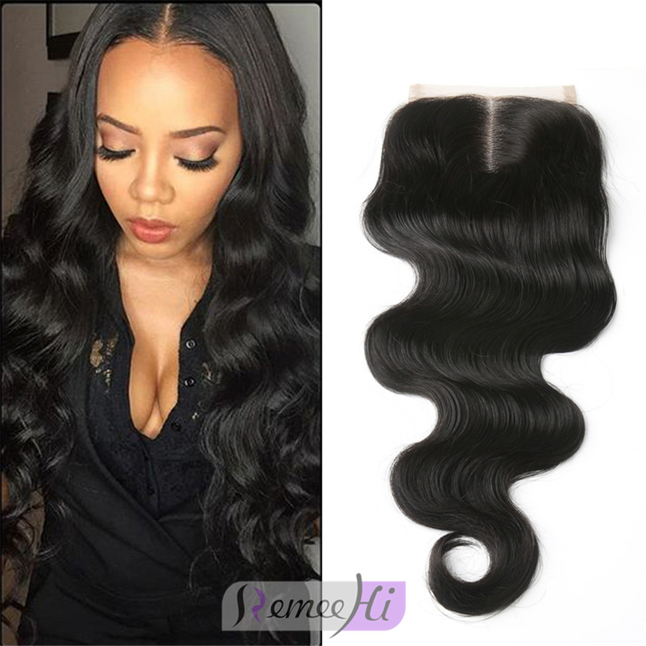 Remeehi Brazilian remy Hair Body Wave Lace Closure 100% Unprocessed Human Hair Closure Free Middle 3 Part Closure Bleached Knots