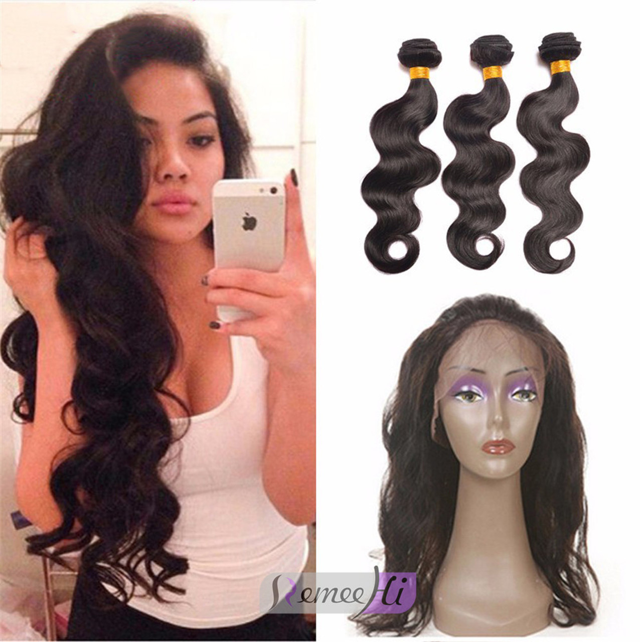 Remeehair.com | Remeehi Body Wave 360 Degree Lace Frontal Closure And 3 bundles Hair Weft 50g/pcs Indian remy Hair